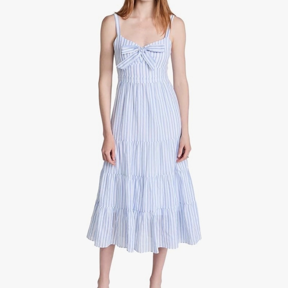 Likely Stasia Dress Blue White Striped Seersucker Tiered Midi Tie Front Size 4